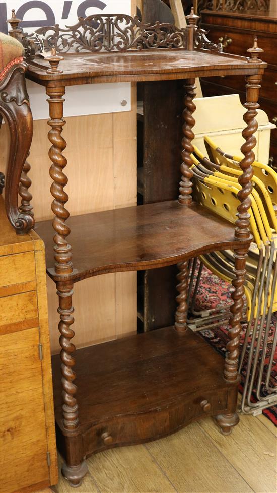 A Victorian rosewood three tier whatnot W.57cm